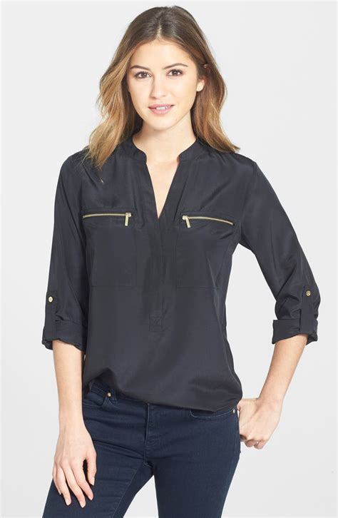 WOMEN'S MICHAEL KORS BLACK BLOUSE GOLD ZIPPER 